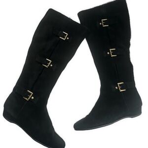 Aerosoles Black Suede Knee-High Boots with Buckle Accents Soft-as-butter